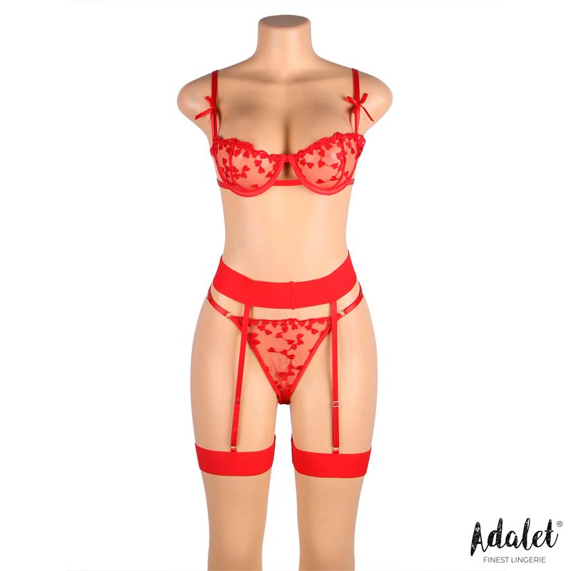 Yvonne Set Sujetador Tanga y Liguero con Corazones Rojo